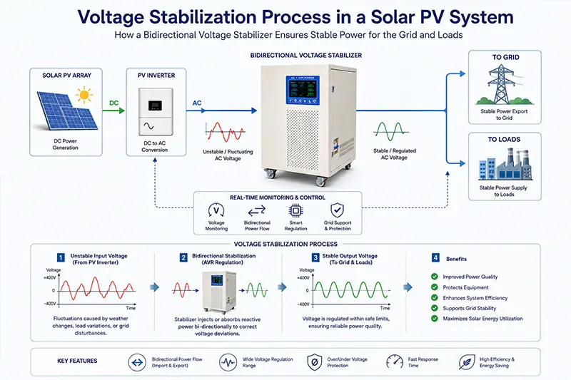 Technical diagram showing voltage stabilization process in a solar PV system