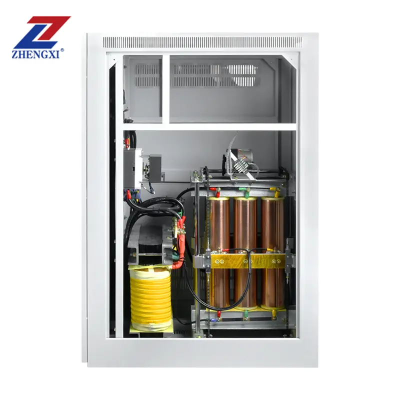 Internal view of servo voltage stabilizer showing motor and carbon brush system