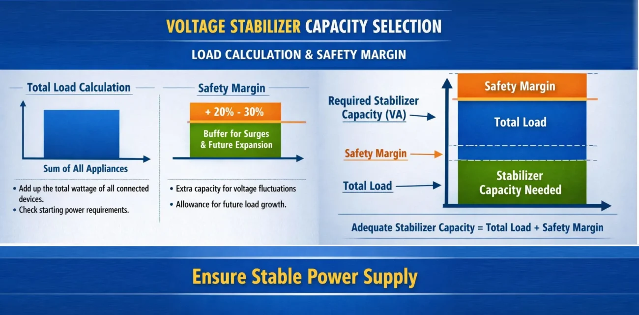 Voltage stabilizer capacity selection diagram showing load calculation and safety marginalt