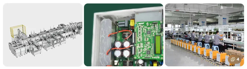 Industrial manufacturing line producing solar inverters with automated quality inspection