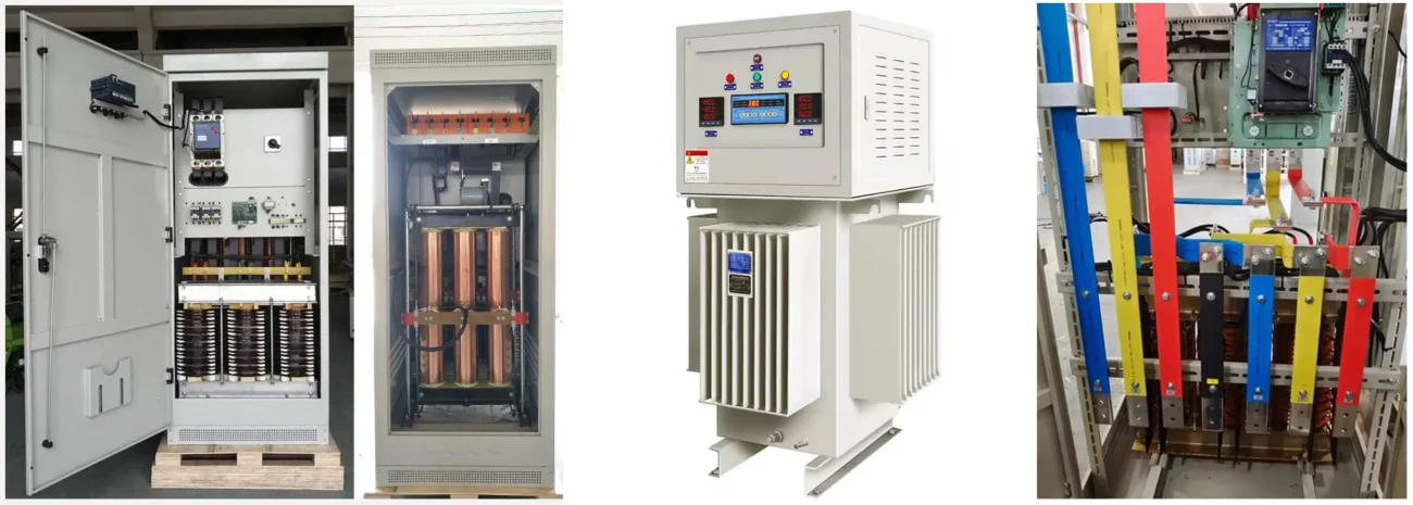 Industrial three phase servo voltage stabilizer installed in factory power distribution room in Nigeria