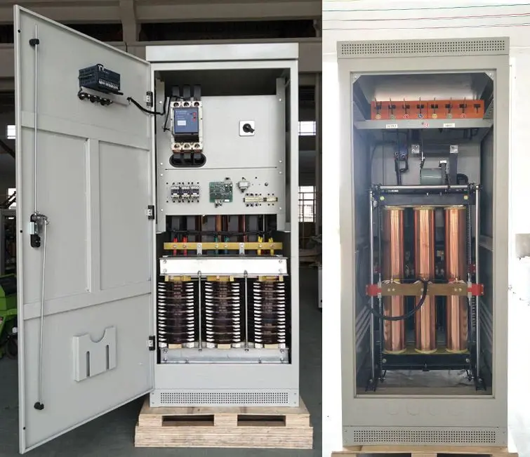 Industrial three-phase servo voltage stabilizer installed in factory power distribution room