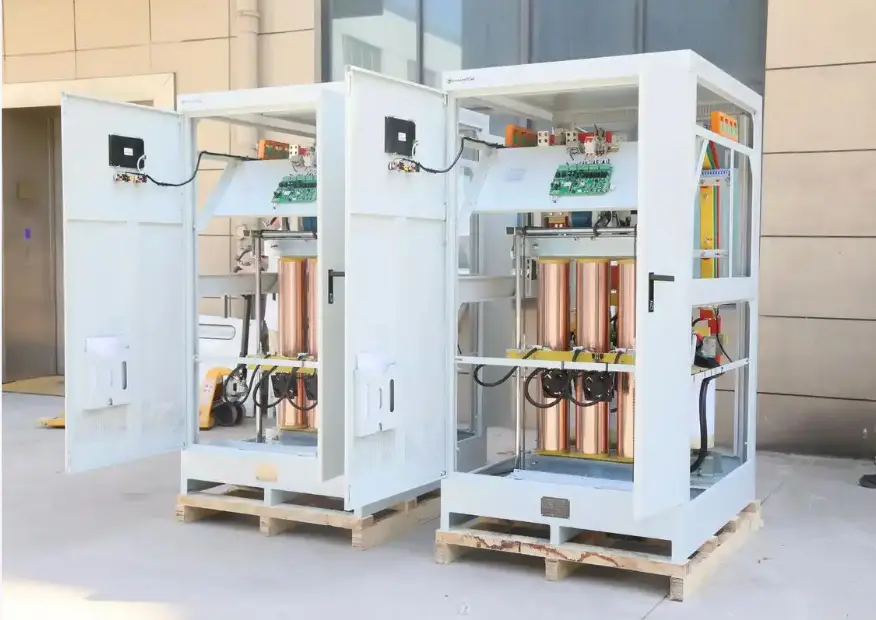 Industrial voltage regulator cabinet with integrated buck boost transformer inside control panel