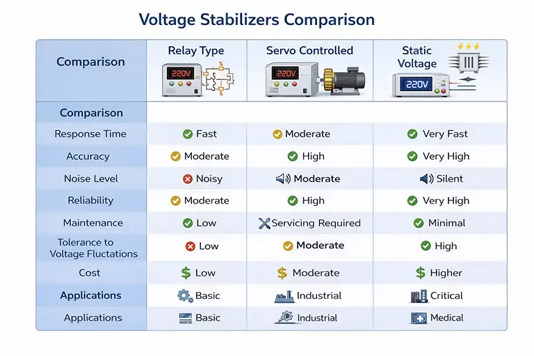 comparison chart of relay type, servo controlled, and static voltage stabilizers
