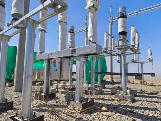 high voltage SF6 gas circuit breaker installed in electrical transmission substation