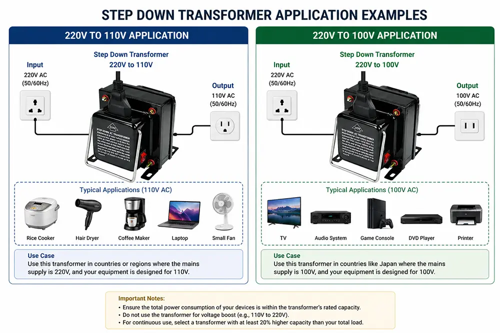 step down transformer 220v to 110v and 220v to 100v application examples