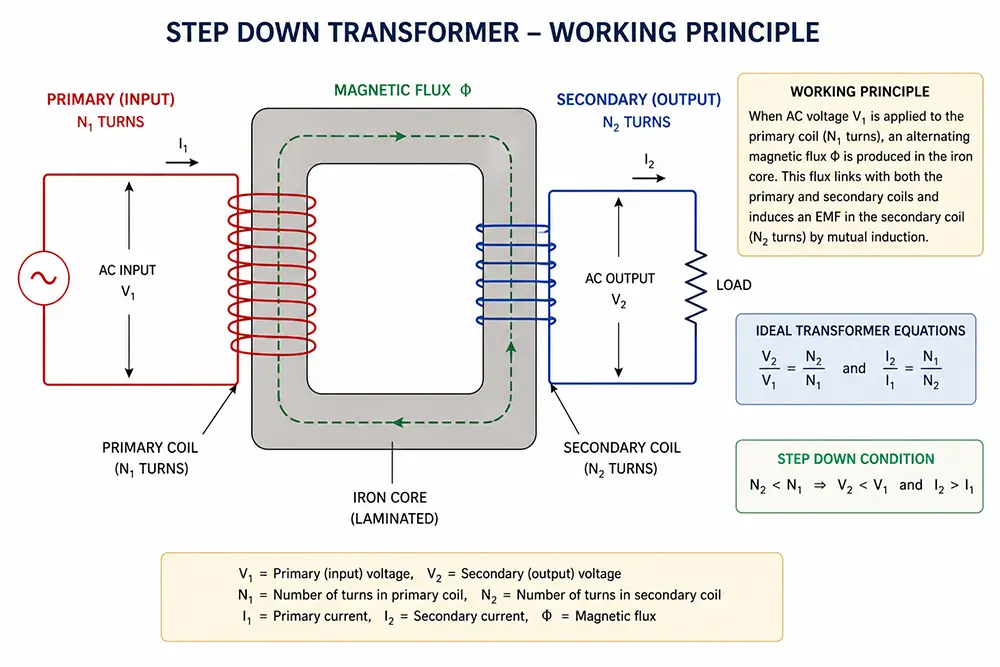 step down transformer working principle diagram showing primary and secondary coils