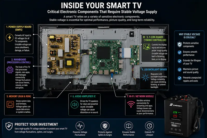 Internal electronic components inside a smart TV that require stable voltage supply