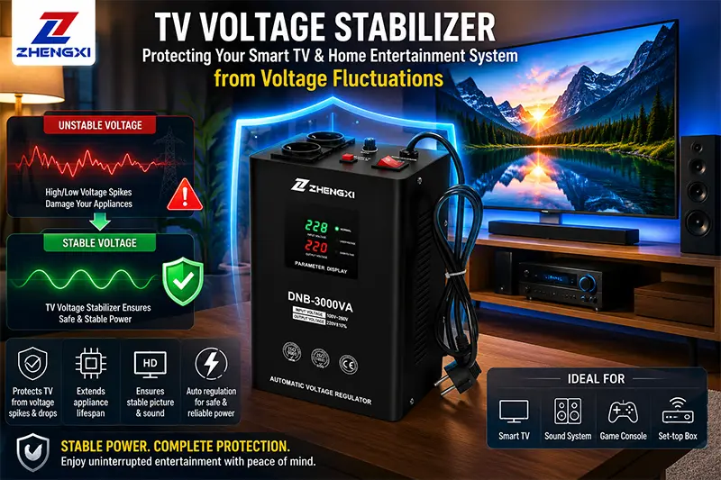 TV voltage stabilizer protecting a smart television and home entertainment system from voltage fluctuations