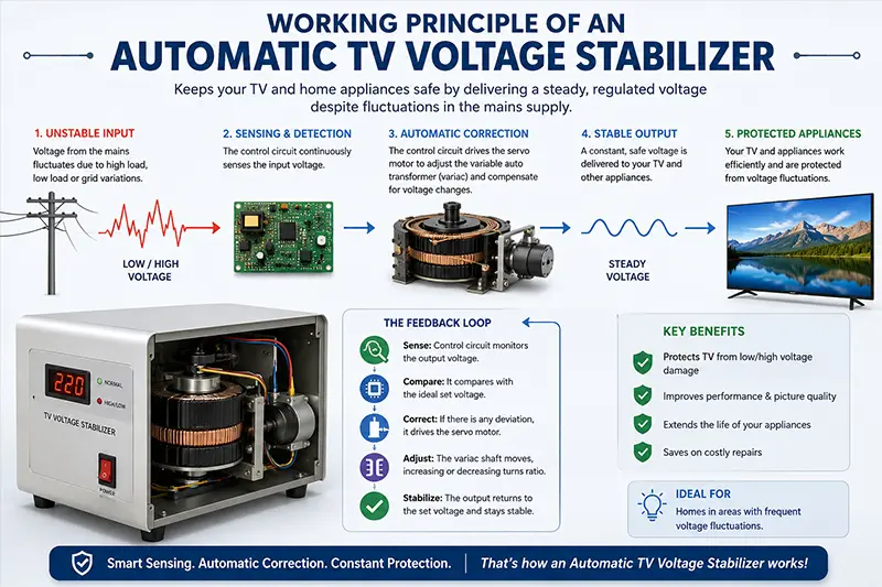 Working principle of an automatic TV voltage stabilizer regulating household voltage fluctuations
