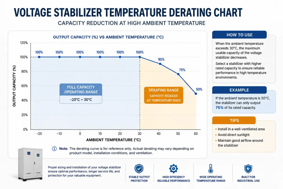 Engineer calculating voltage stabilizer capacity based on load, temperature and altitude derating factors